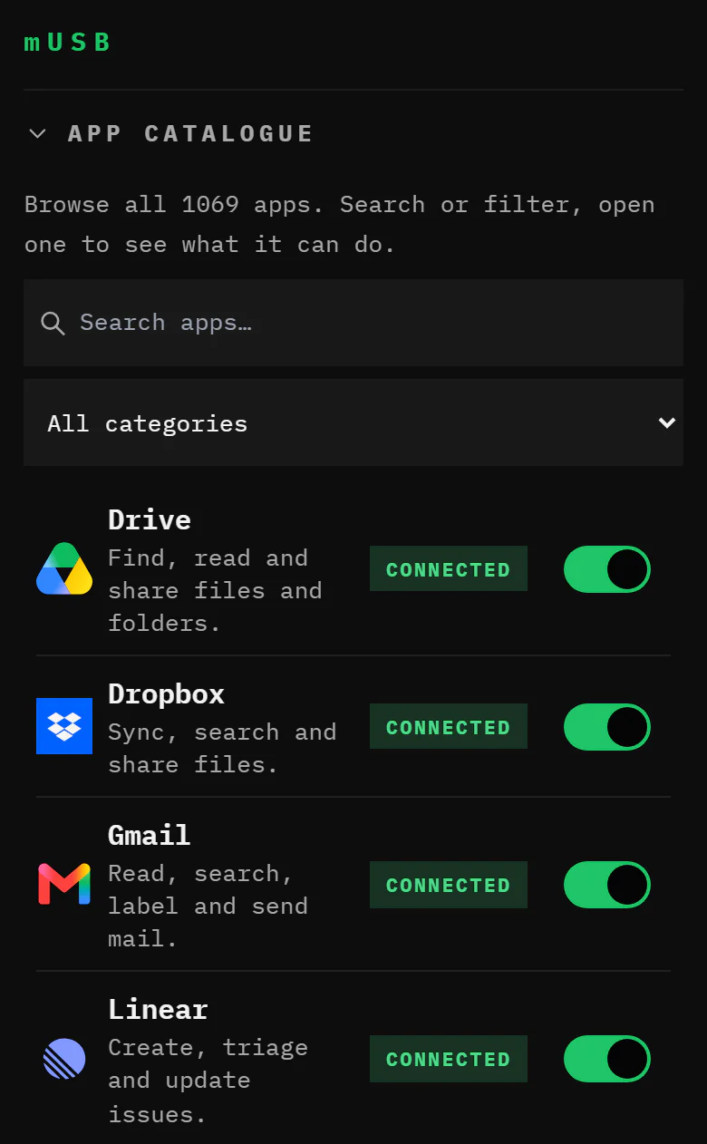 mosADD app: the mUSB catalogue of apps an agent can use