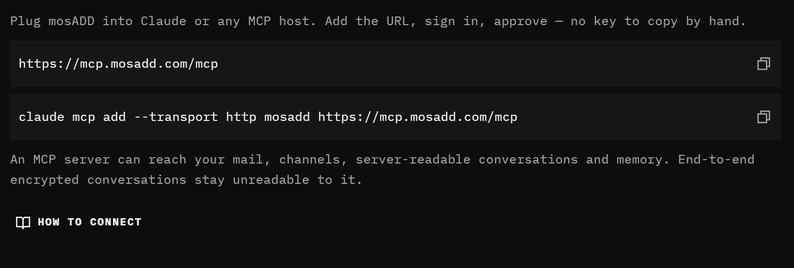 mosADD app: the MCP server panel with the gateway address and the Claude Code command